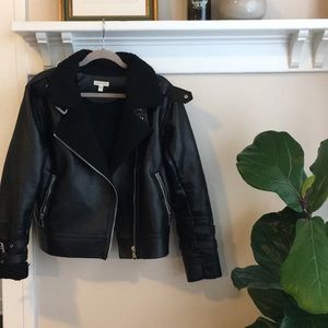 Faux leather shearling moto jacket.